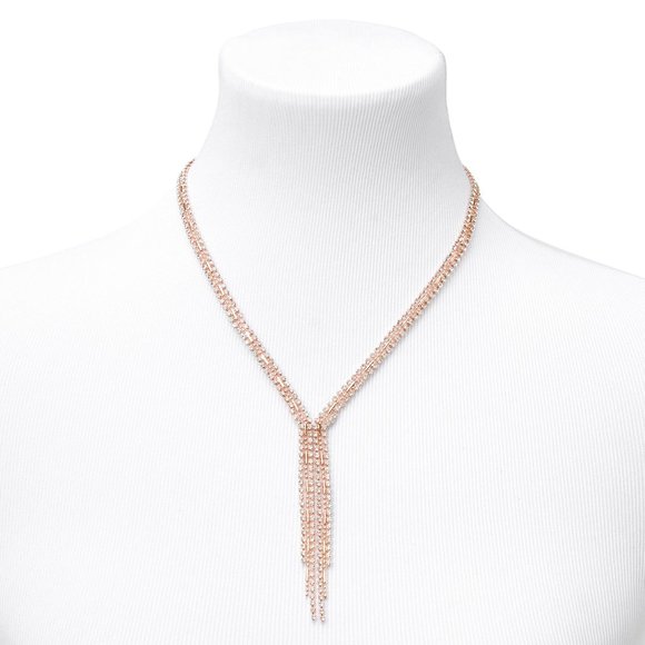 NEW ROSE GOLD RHINESTONE CHANDELIER Y-NECK JEWELRY SET EARRINGS & NECKLACE - Picture 3 of 4